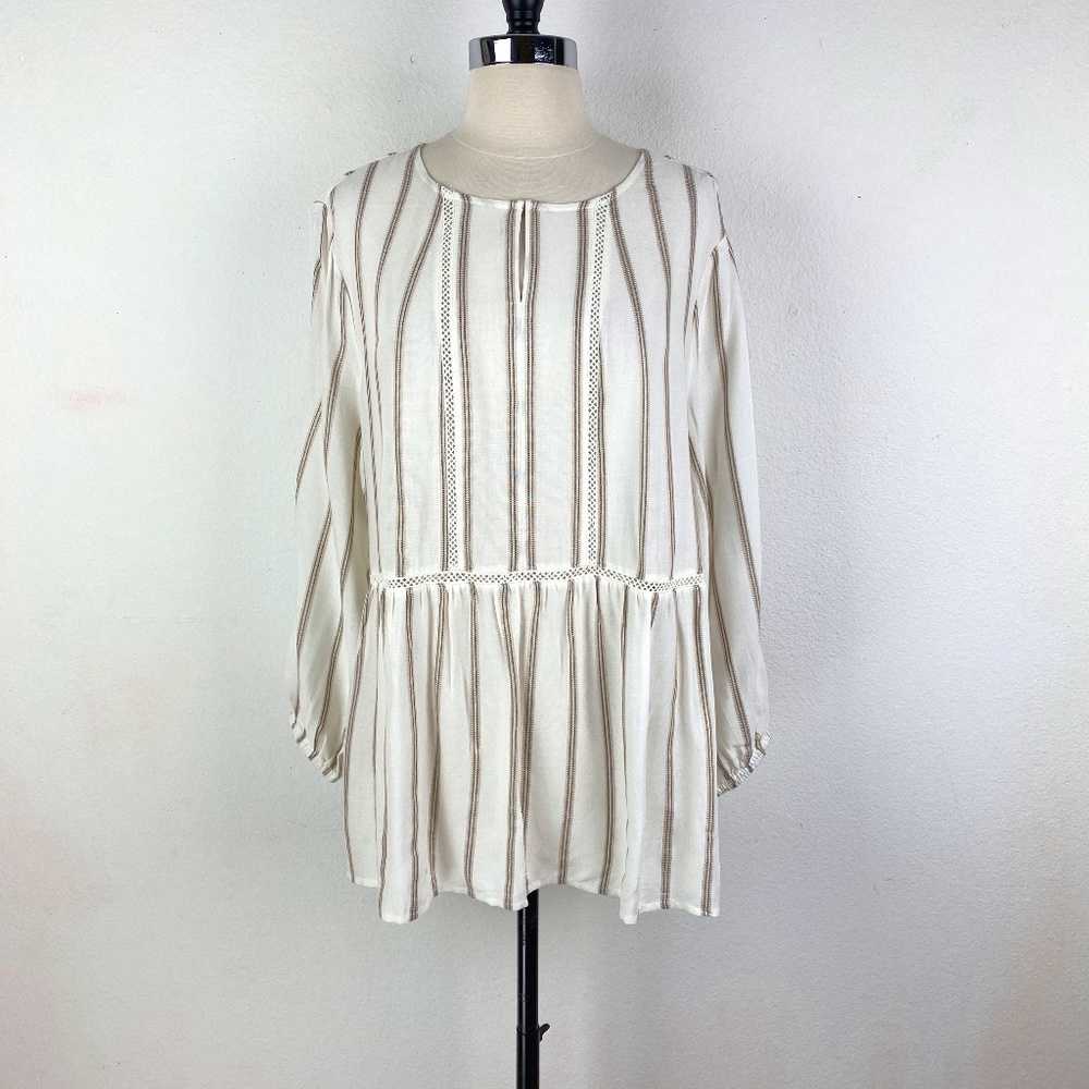FEVER Womans Tunic Blouse Large Tan Ivory Striped Relaxed Peasant Boho Gypsy NWT